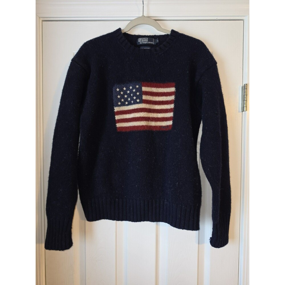 Vintage Polo Ralph Lauren American Flag 100% Lambswool Sweater Blue L Rare 90s